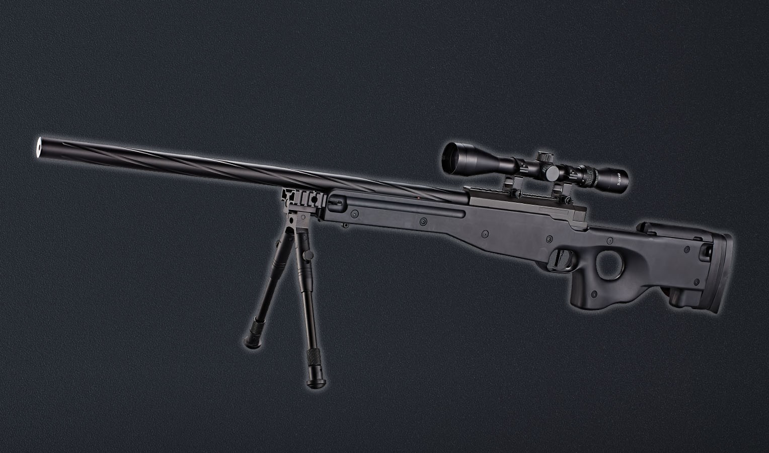 Spring powered sniper, plastic stock, with bipod and scope, metal barrel