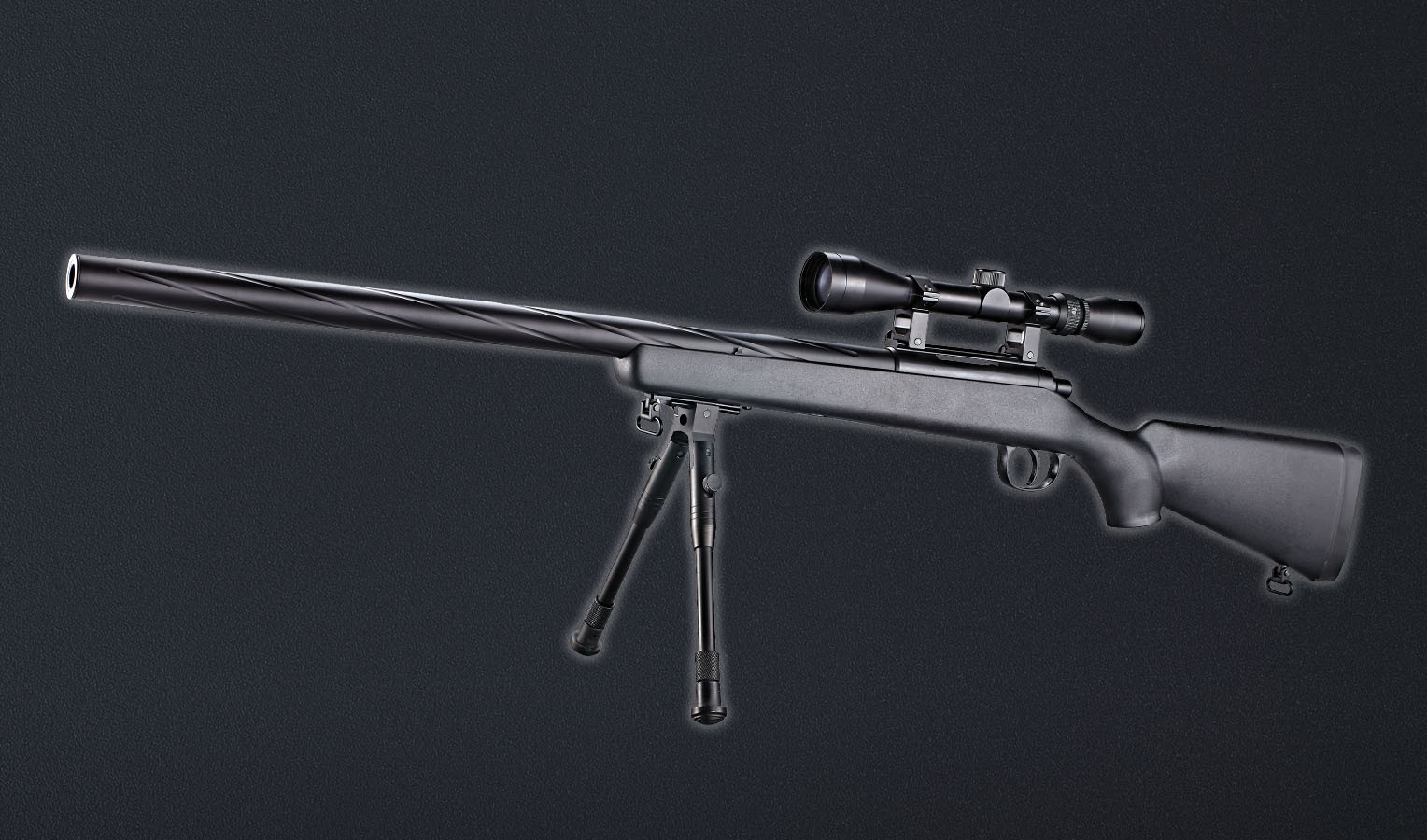 Spring powered sniper, plastic stock, with bipod and scope, metal barrel