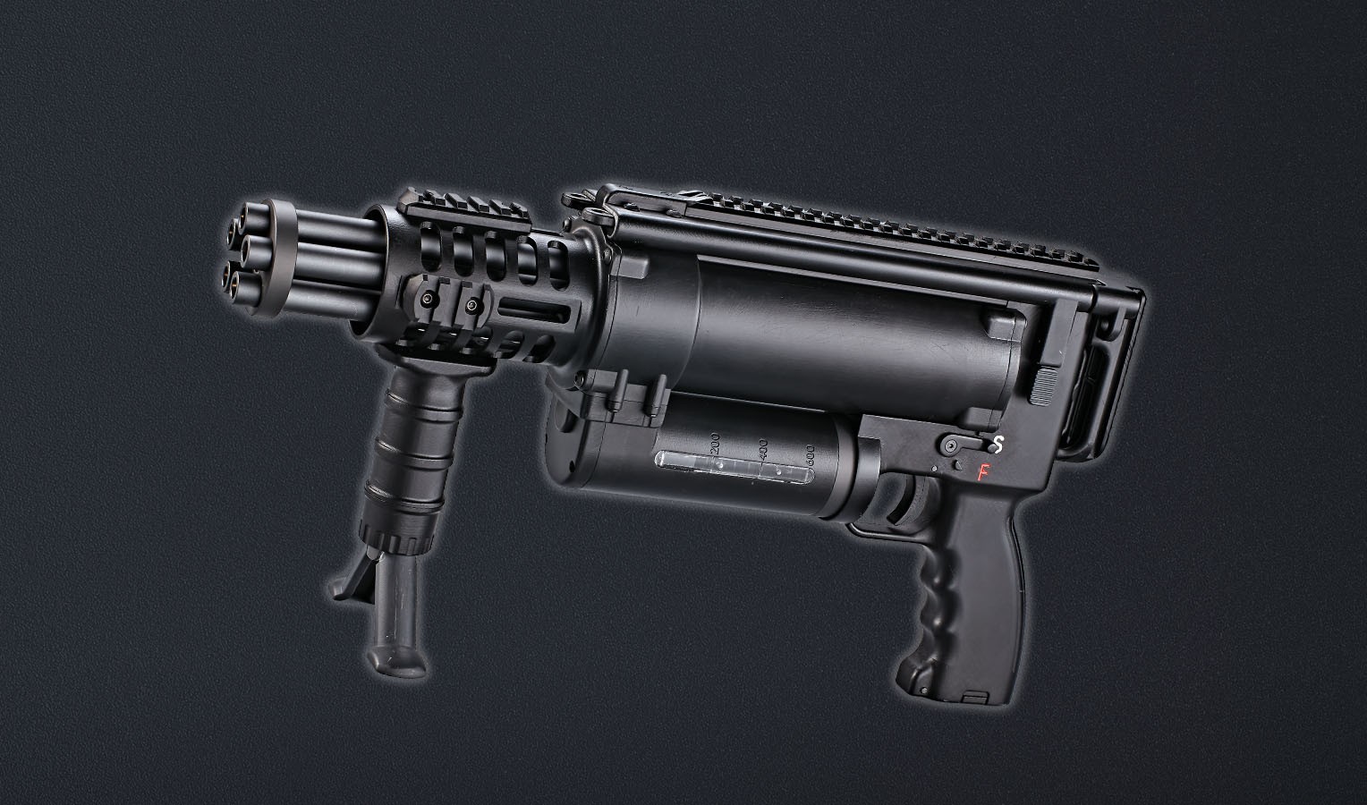 Electric 5-barrel rotary machine gun, hop up function, nylong and fibre + metal receiver