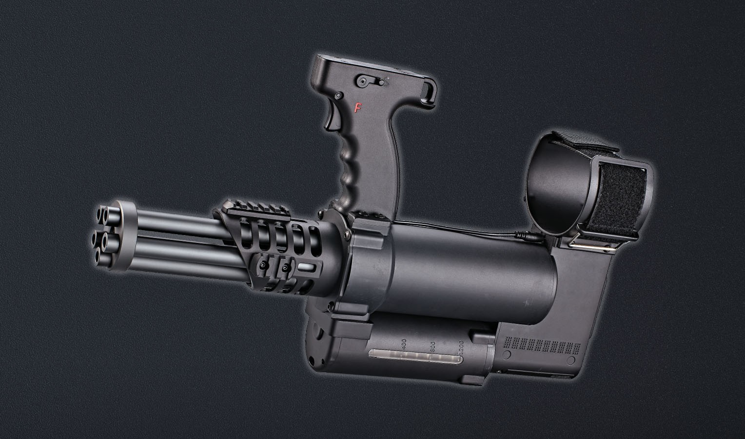 Electric 5-barrel rotary machine gun, hop up function, nylong and fibre + metal receiver